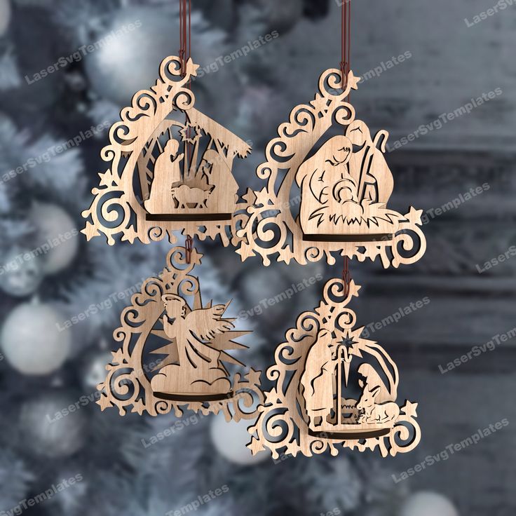 three wooden ornaments hanging from a christmas tree