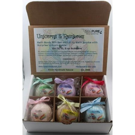 Spa Pure Unicorns and Rainbows Bath Bombs For Kids With Surprise Toys Inside (Unicorns) USA made, Natural, Organic XL 5 oz Gift Set For Girls/Boy. Gift Set includes 6 Large bath bombs, 5 oz each, USA Made, Perfect for Spa Bath, Handmade Birthday Gift, Gift idea for Girls and Boys who love Unicorns. Color: Multicolor. Rainbow Bath Bomb, Unicorns And Rainbows, Surprise Toys, Handmade Birthday Gifts, Large Bath, Spa Bath, Unicorn Toys, Bath Spa, Bath Bomb