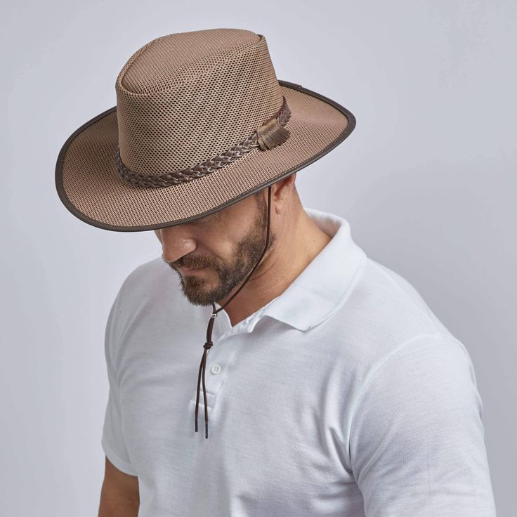 Soak up the sun without sacrificing your comfort in our Solair Soaker Mesh Mens Sun Hat. This hat is the ideal Summer hat. Water-resistant with a soakable liner to keep you cool during the hottest of days. Dunk it in an ice chest in the heat of the summer, and you will be the coolest in your crew! Casual Lightweight Boater Hat For Outdoor, Western Style Panama Hat With Flat Bill For Outdoor, Lightweight Outdoor Fedora With Brim, Casual Fedora With Uv Protection For Outdoor, Casual Outdoor Fedora With Uv Protection, Lightweight Brimmed Fedora For Outdoor, Lightweight Brown Fedora For Outdoor, Lightweight Outdoor Fedora, Spring Outdoor Panama Hat With Adjustable Fit