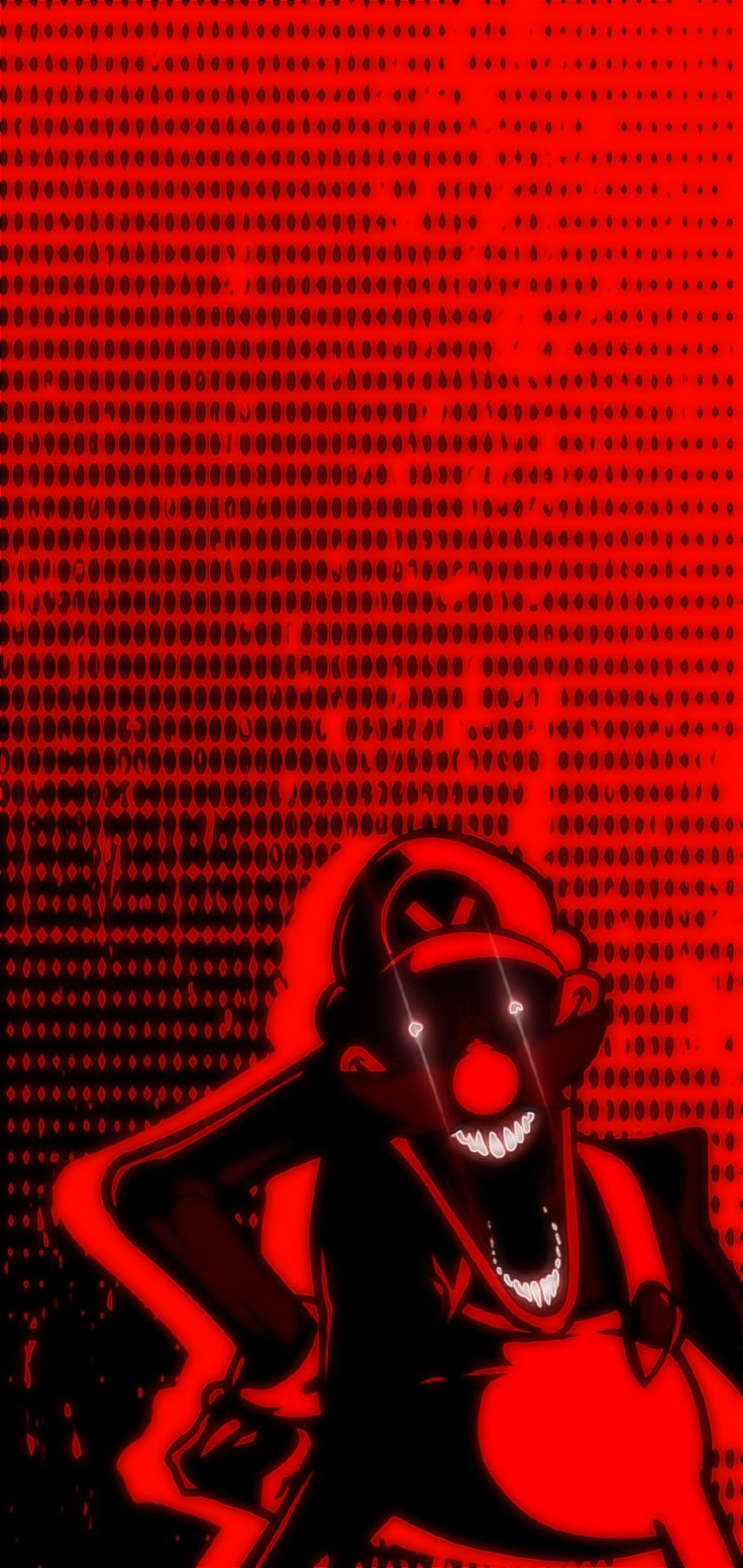 a red and black background with an evil clown