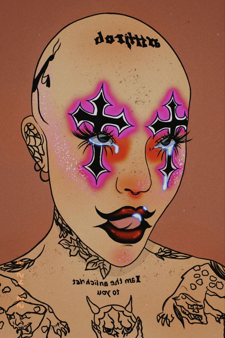 a drawing of a woman's face with tattoos on her upper half and lower half