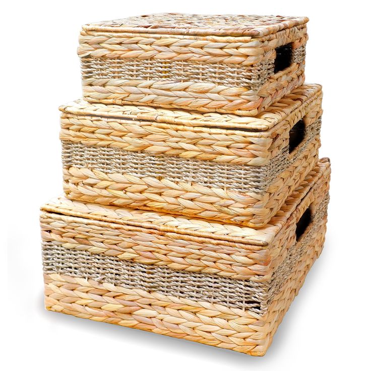 three wicker baskets stacked on top of each other