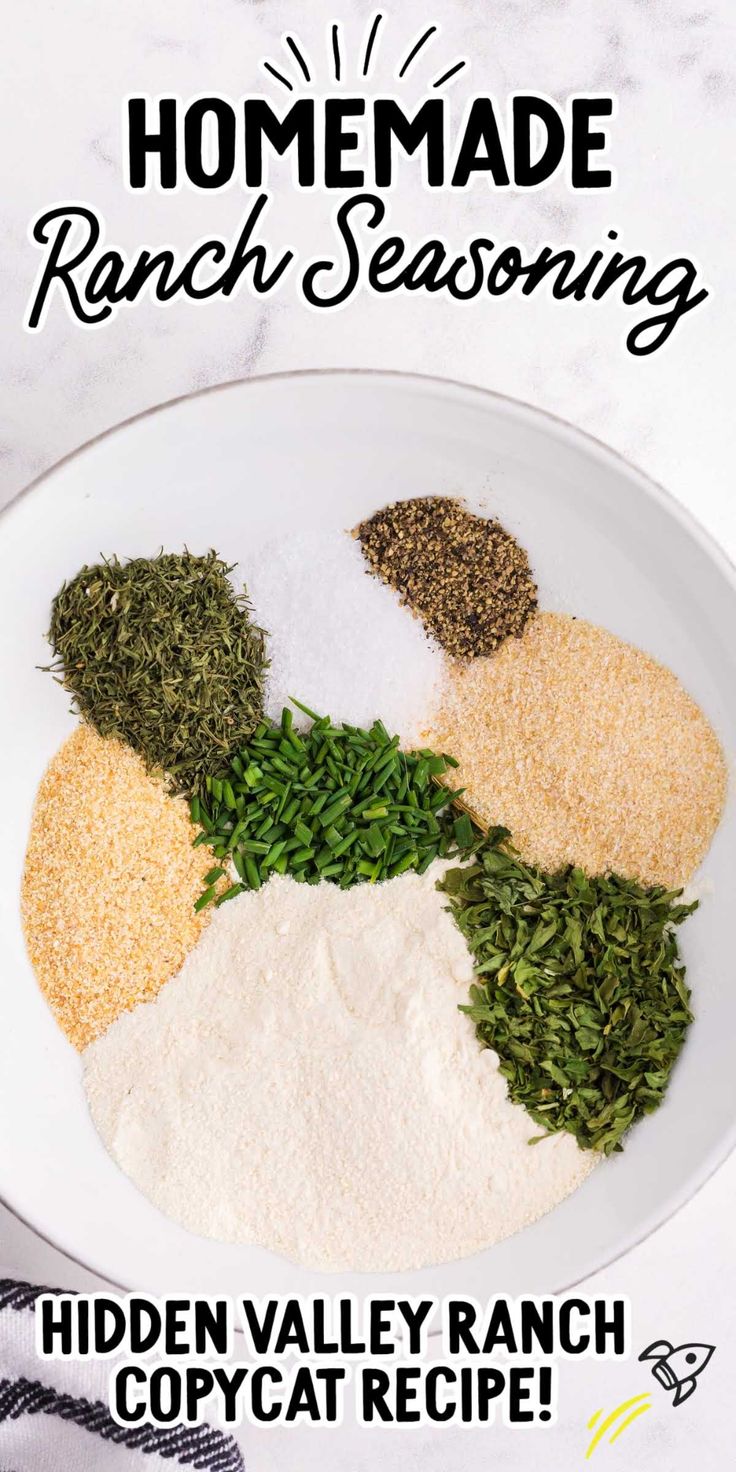 the ingredients for homemade ranch seasoning in a white bowl