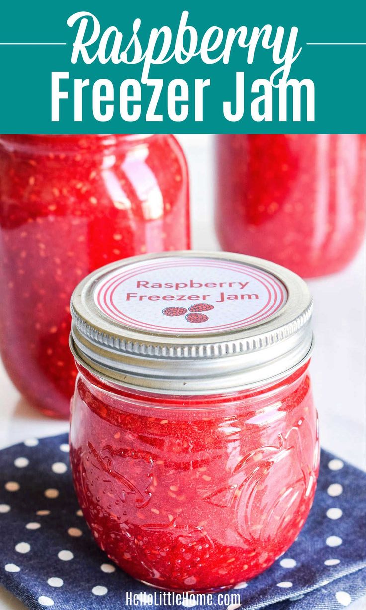 raspberry freeze jam in a mason jar on a blue napkin with polka dots