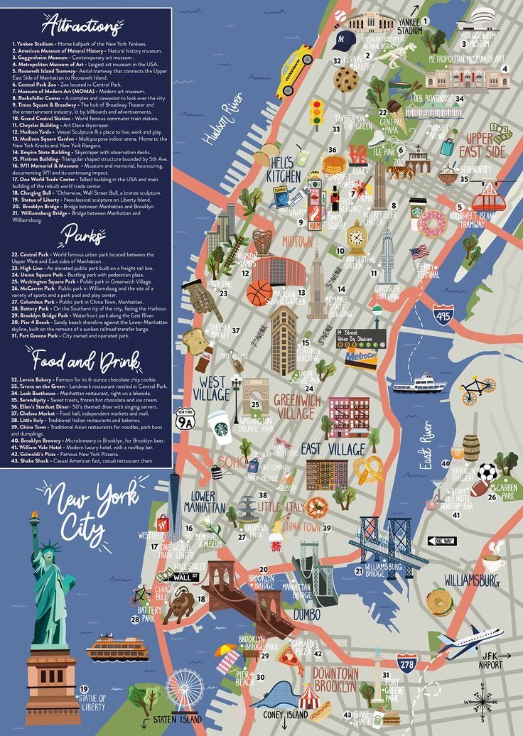 an illustrated map of new york city with the statue of liberty in the center and other landmarks