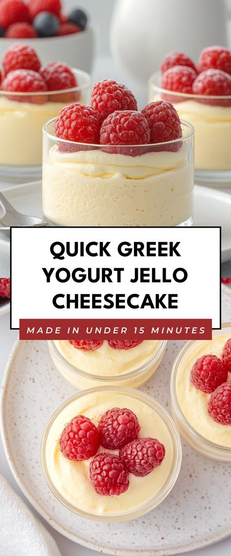 three small desserts with raspberries on top and the words quick greek yogurt hello cheese cake