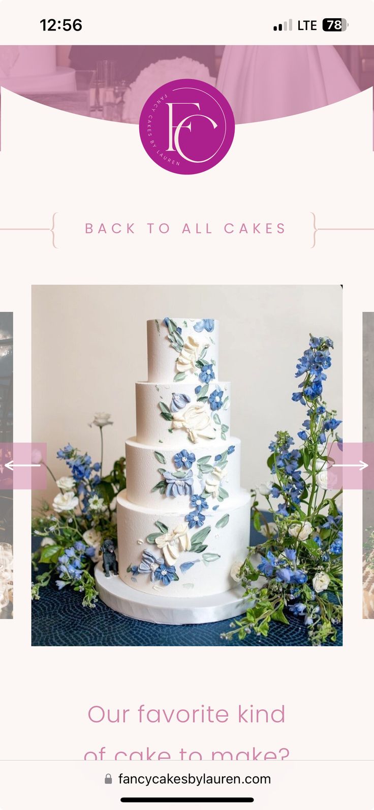 a wedding cake with blue flowers on it and the words, back to all cakes our favorite kind of cake to make?