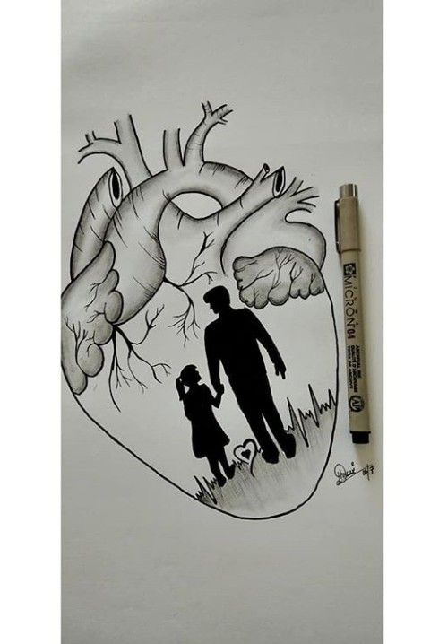 a drawing of a heart with a man and child in it next to a marker pen