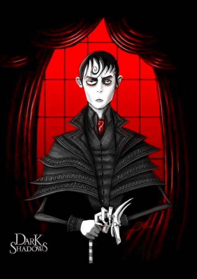 a drawing of a male vampire holding a knife in front of a red window with the words dark shadows written on it