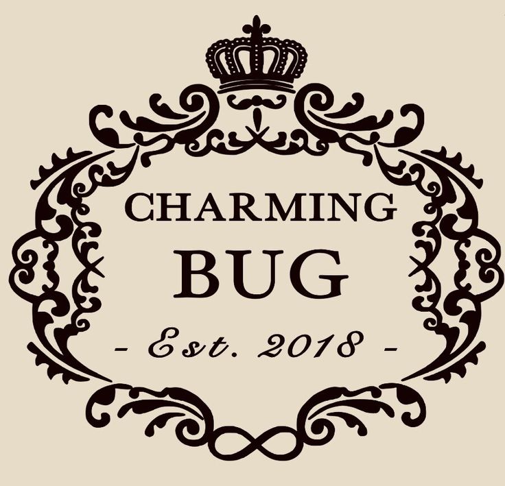 a black and white logo with the words charming bug on it's side