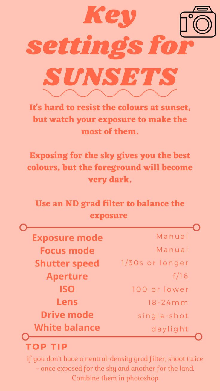 an orange and red poster with the words key settings for sunsets