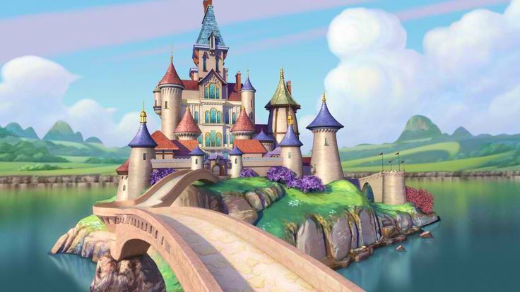 an animated castle with a bridge going across the water