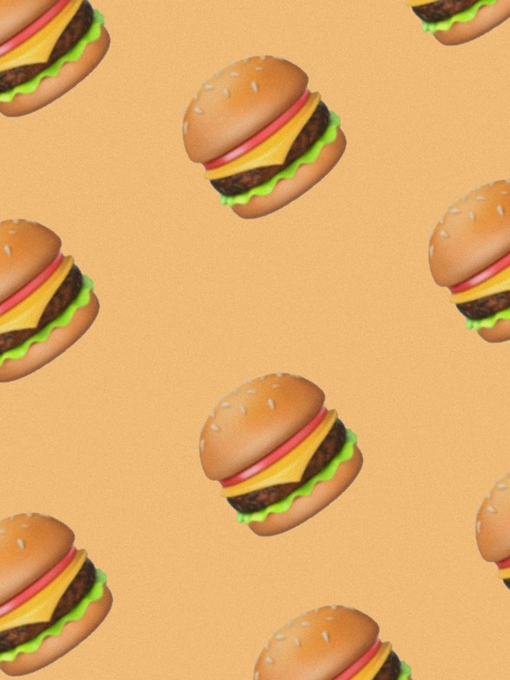 many hamburgers with different toppings are shown on a yellow background that appears to be made up of smaller hamburgers