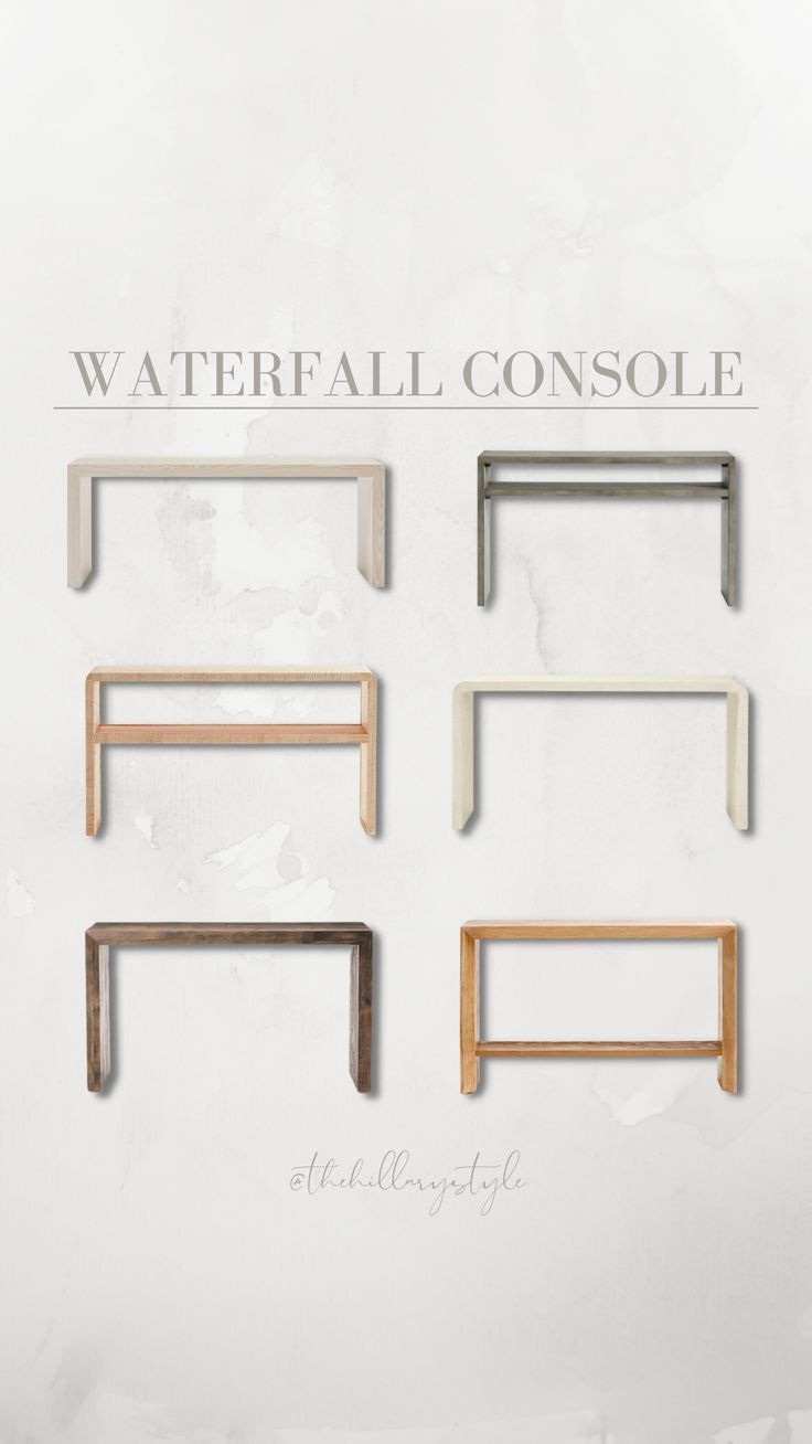 four different types of shelves with the words water fall console on them