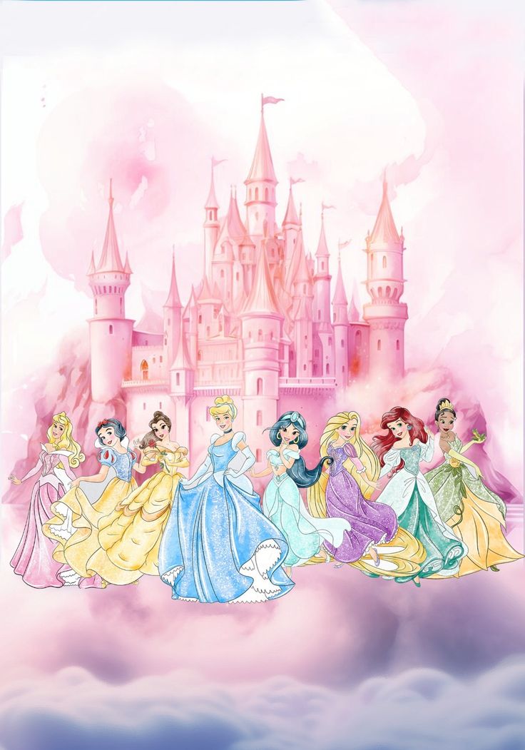 disney princesses in front of a castle with pink clouds and blue sky behind them