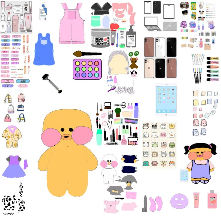 an assortment of various items are arranged on a white background, including a teddy bear