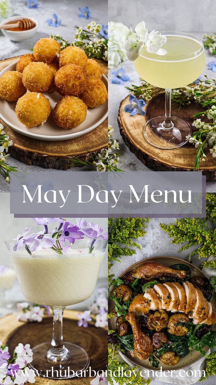 many different types of food and drinks on plates with the words may day menu above them