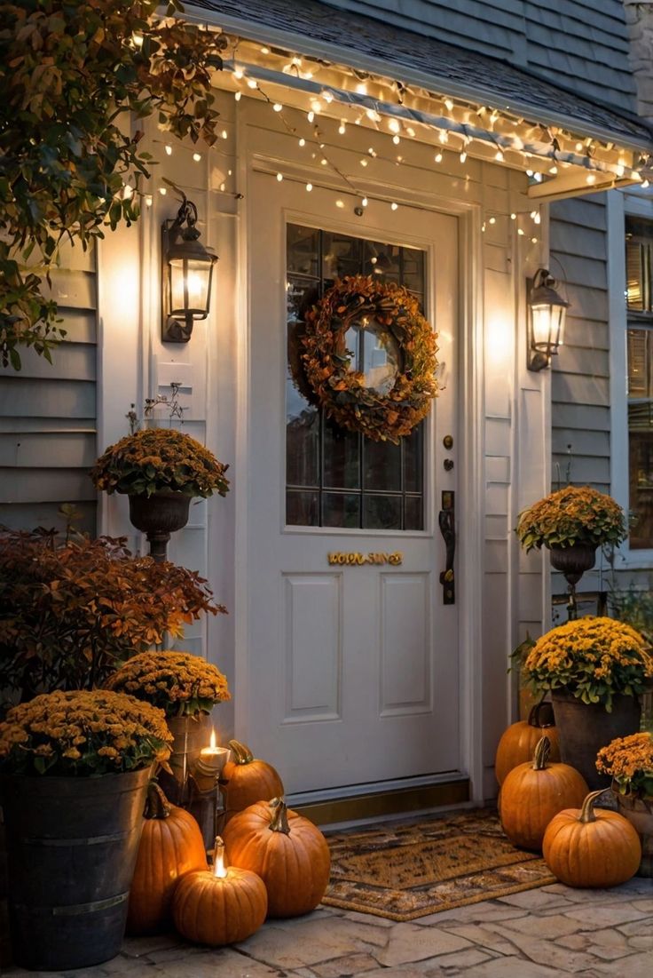 the front door is decorated with pumpkins and lights