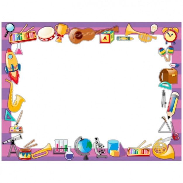 a frame with musical instruments on a pink and purple background, for children's artwork or scrapbook pages