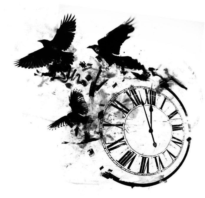 two black birds flying over an old clock with roman numerals and ink splatters