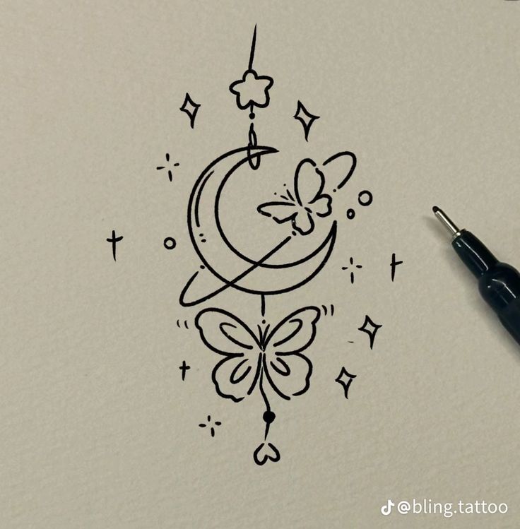 a drawing of a butterfly and the moon with stars on it's back side