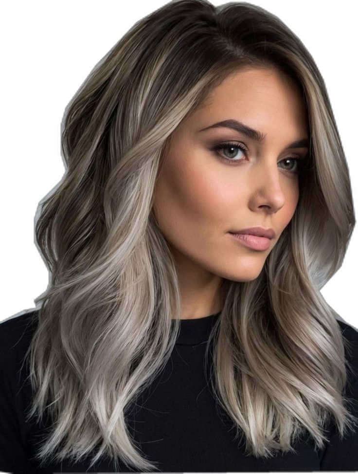 Blended Ash Blonde Balayage, Ashy Toned Hair, Light Ash Balayage On Dark Hair, Mushroom Blonde Balayage Dark Roots, Icy Brunette Hair, Hair Color For Dark Roots, Balayage Hair Cool Tone, Cool Toned Dark Blonde Hair, Icy Blonde Balayage Brunettes