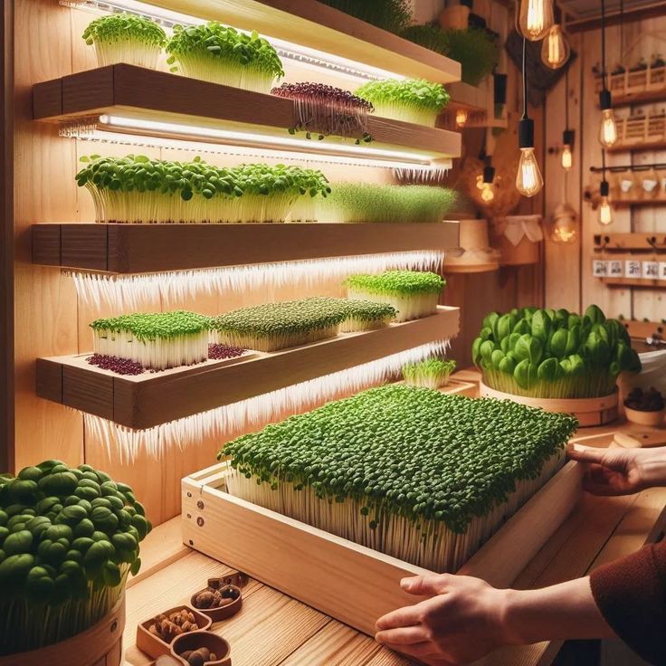 a person standing in front of an array of plants on shelves with lights above them