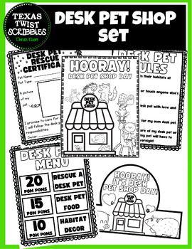 the front and back cover of a desk pet shop set with instructions for each item