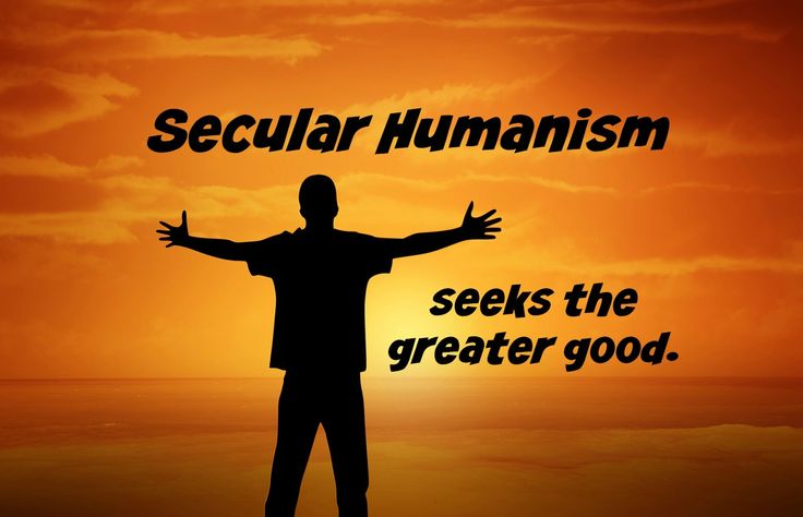 a man standing in front of an orange sky with his arms outstretched and the words, secular humanism seeks the greater good