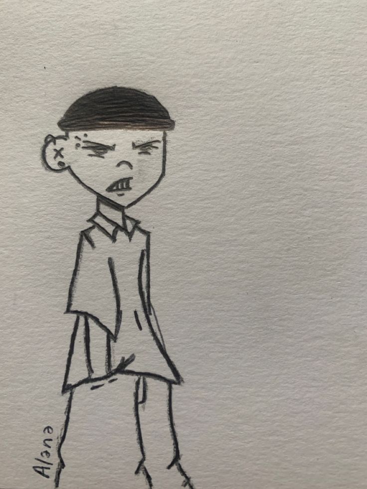 a drawing of a person with a hat on and one eye open, standing in front of a white wall