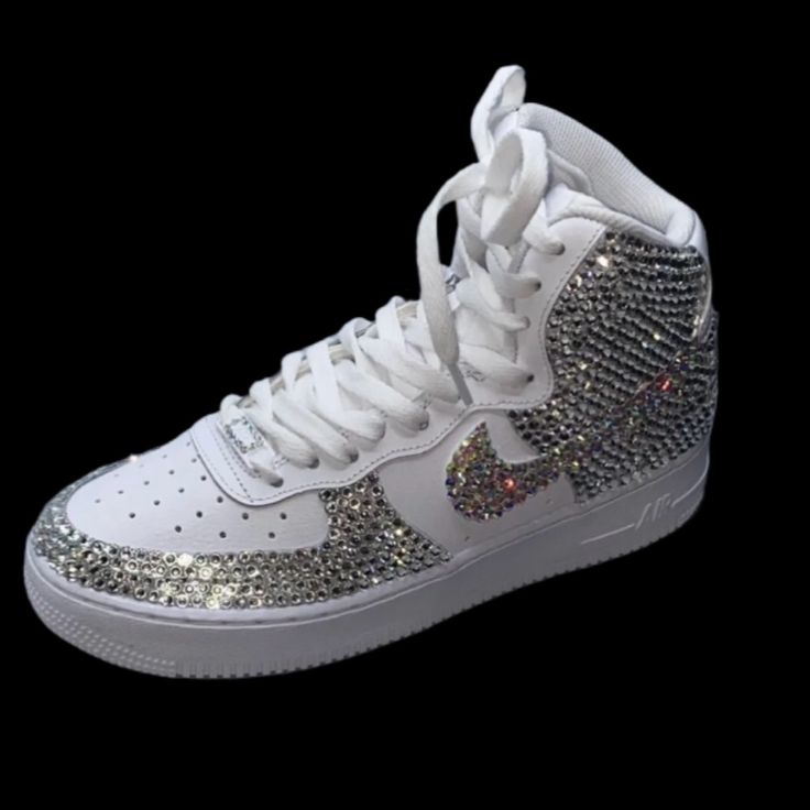 Welcome, Nike Airforce 1’s High Tops With Luxe Crystal & Crystal Ab Bling Ticks Fronts & Back Design, Made To Last Permanent Design! Colours:Iridescent Crystal Diamond & Crystal Iridescent Ab All Colours Available Please See Colour Chart Attached, Brand New In Box Nike Airforce 1’s High Tops Sizes In Usa Women’s 6 6.5 7 7.5 8 8.5 9 9.5 10 10.5 11 11.5 12 12.5 13 Comes With Original & Ribbon Laces To Order; Can Also Be Made In Black Please See Colour Chart Attached To Change Colour Way Or Add Add White High-top Sneakers With Glitter Accents, White Synthetic Sneakers With Bling, White Bling Lace-up Sneakers, Low-top White Sneakers With Bling, White Low-top Sneakers With Bling, White Iced Out Sneakers For Streetwear, White Embellished Sneakers For Streetwear, White Custom Sneakers With Rhinestones For Streetwear, White Custom Rhinestone Sneakers For Streetwear