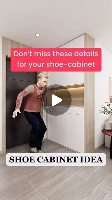 a woman is walking through a shoe cabinet