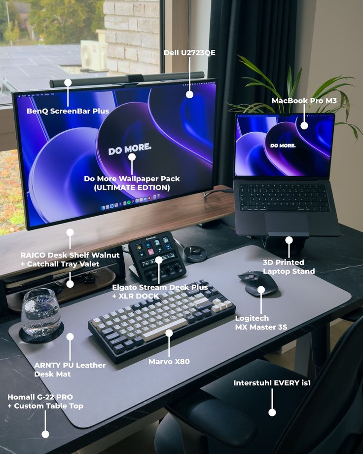 a computer desk with two monitors and keyboard on it, all labeled in different languages