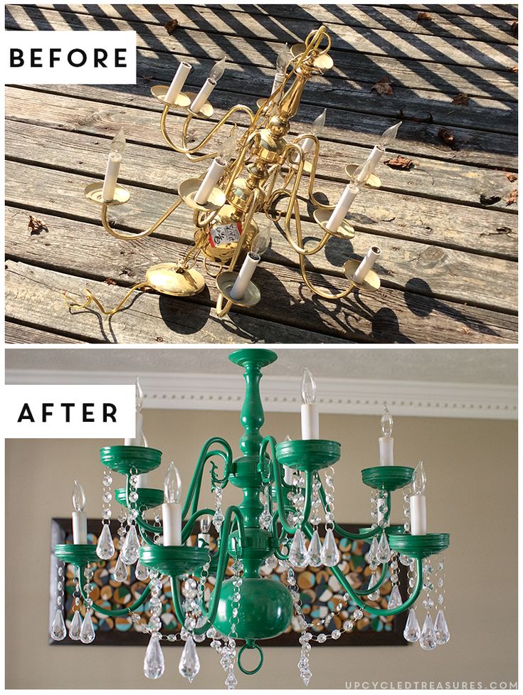 a chandelier before and after being painted green