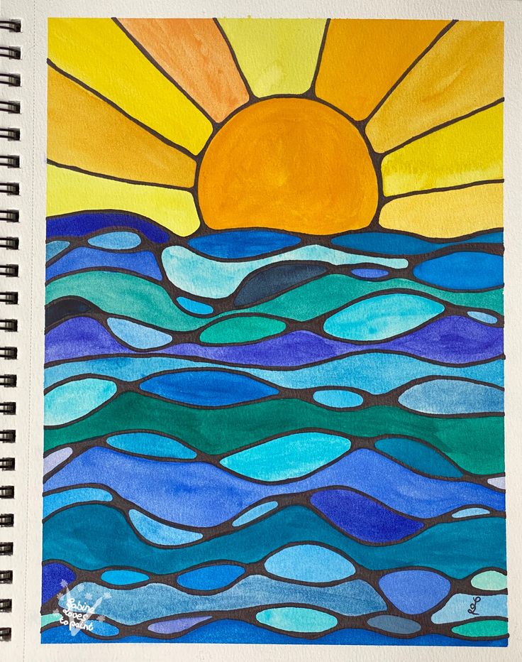 a drawing of the sun rising over water with blue and yellow waves on it's surface