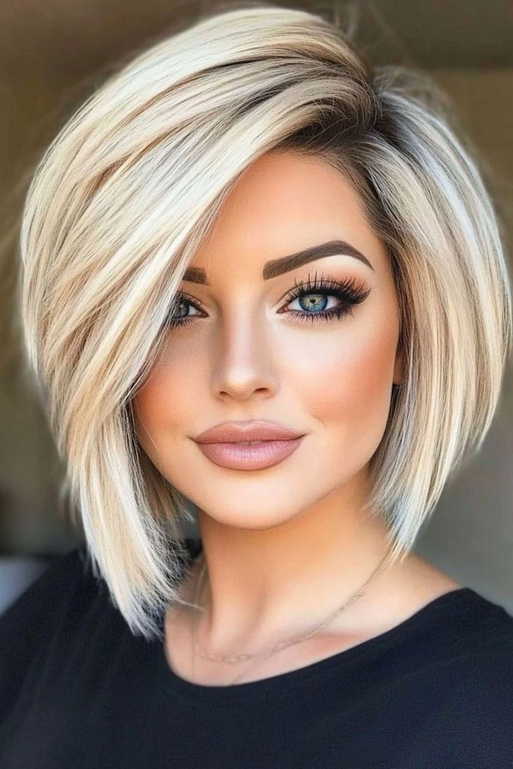 Woman with short blonde bob haircut, wearing black top and makeup, looking at the camera. Mom Haircuts Short, Asymmetrical Layered Bob, Short Cute Haircuts For Women, Short Hairstyle Women Bob, Inverted Bob Haircuts For Fine Hair, Stacked A Line Bob, Bob Haircuts For Women Over 50, Short Bob Haircuts With Layers, Deep Side Part Hairstyles