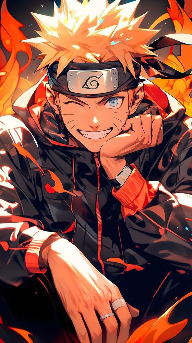 naruto is sitting in front of fire with his hand on his chin and looking at the camera