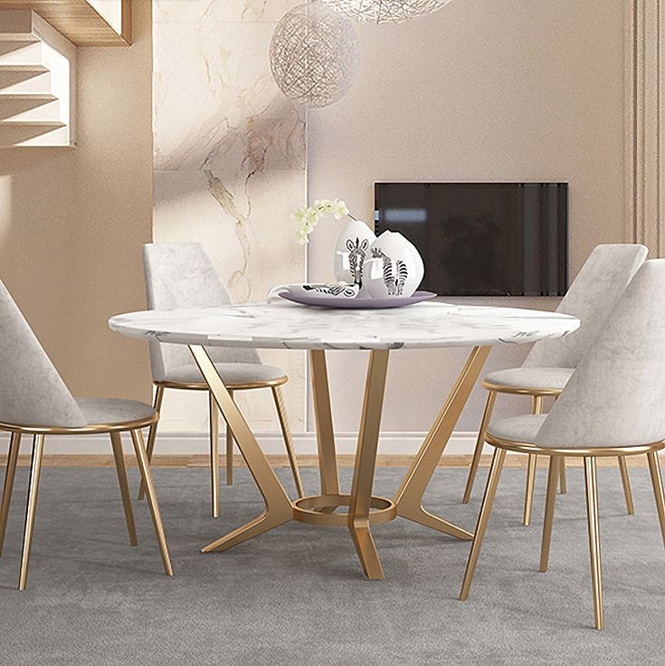 Modern Round White Marble Dining Table Golden Stainless Steel Frame in