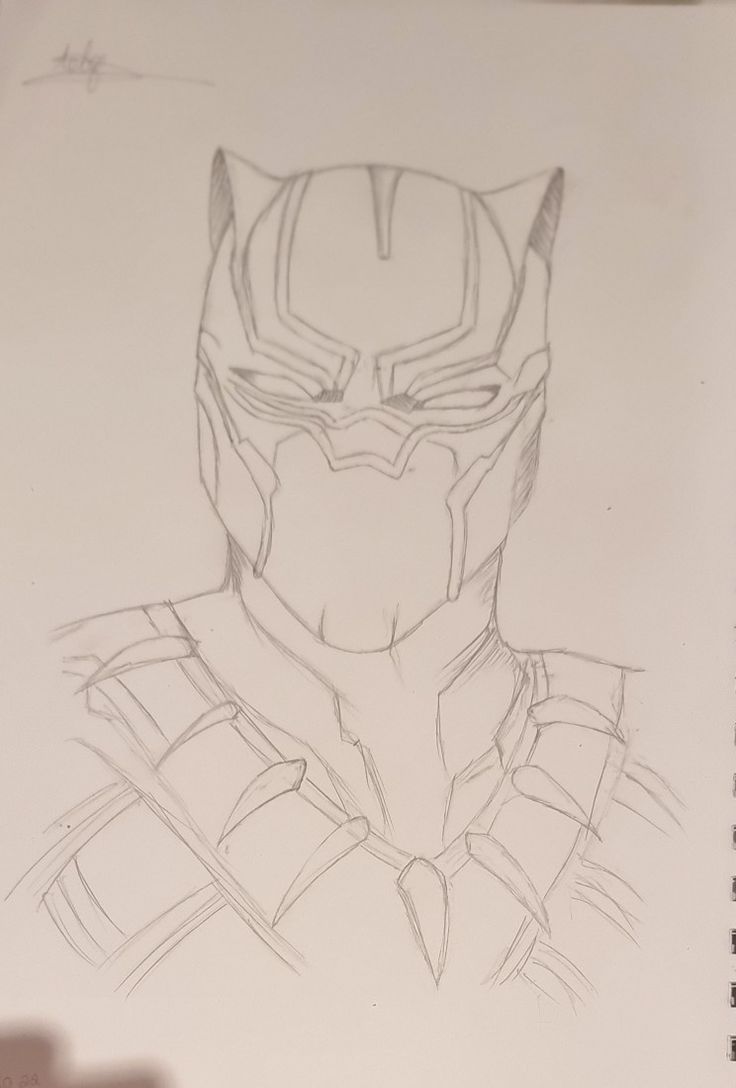 a drawing of a black panther in the style of an iron man mask, drawn by hand