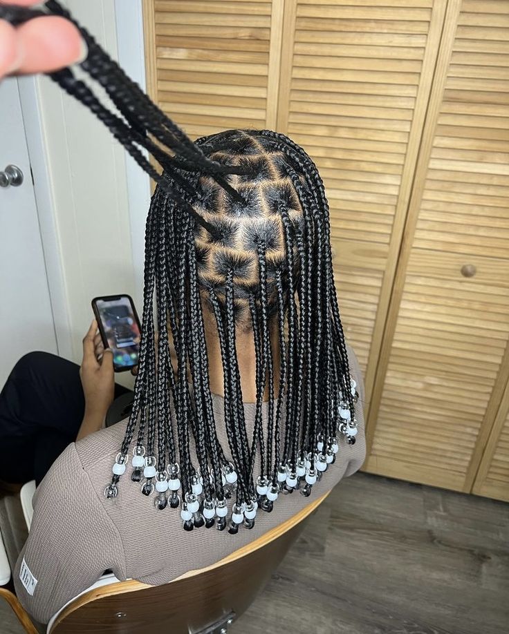 Braids With Black And White Beads, Box Braids With Curly Ends And Beads, Black Hair Hairstyles Braids, Hairstyles With Braiding Hair For Black Women, Short Braids For School, Beads Hairstyles Black Women, Hairstyles For School Black Girls Braids, Plaits Box Braids Natural Hair, Braided Hairstyles For Black Women Beads