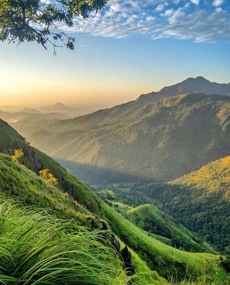 the mountains are covered in lush green grass and trees, as the sun is setting