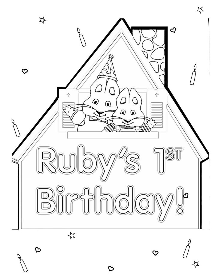 a coloring page with the words ruby's 1st birthday and two dogs in a house