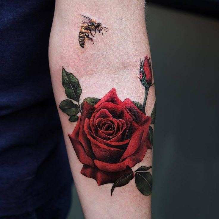 a rose and bee tattoo on the arm