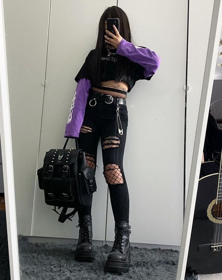 Dangerfield Outfit, Purple Aesthetic Outfit Grunge, Purple Grunge, E Girl Outfits, Purple Outfits, Tomboy Style Outfits, Punk Outfits, Black And Purple, Swaggy Outfits