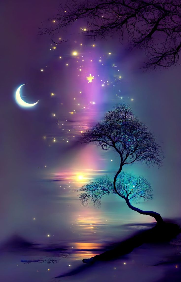 a painting of a tree with stars and moon in the sky