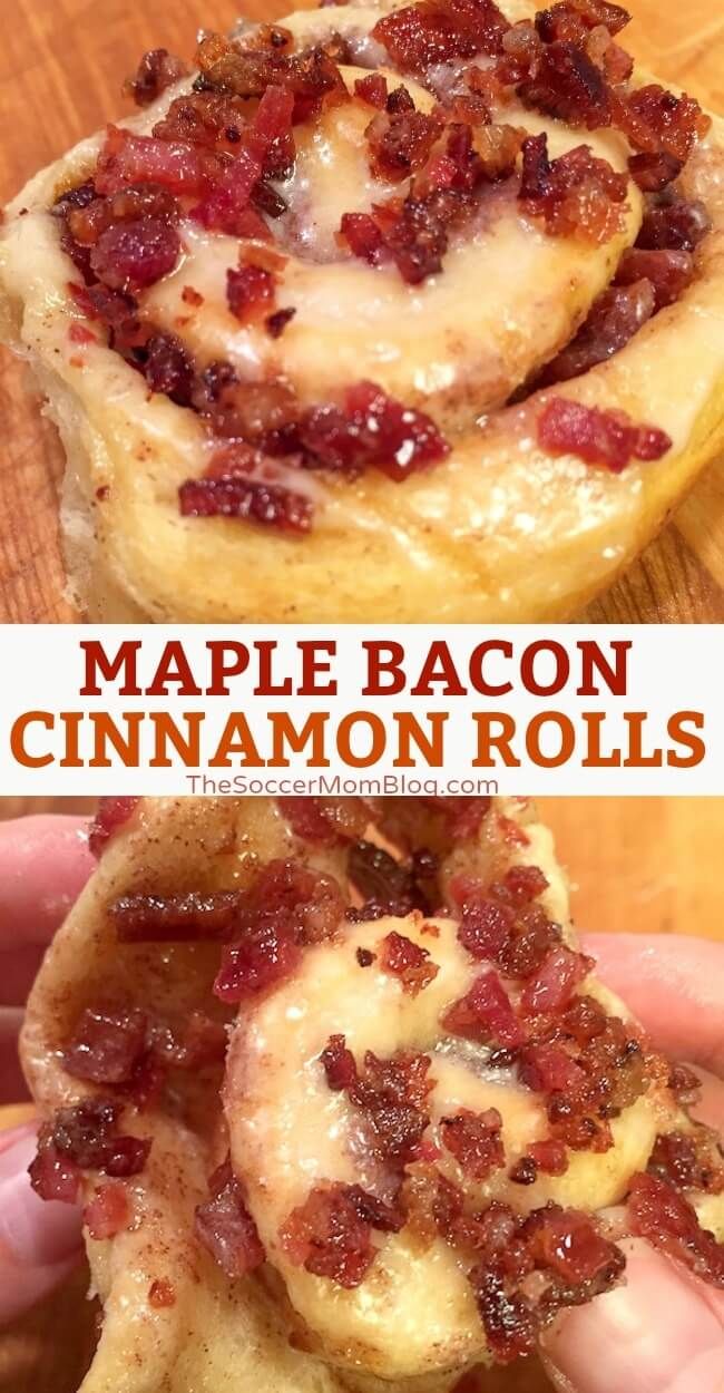 bacon cinnamon rolls with maple bacon on top