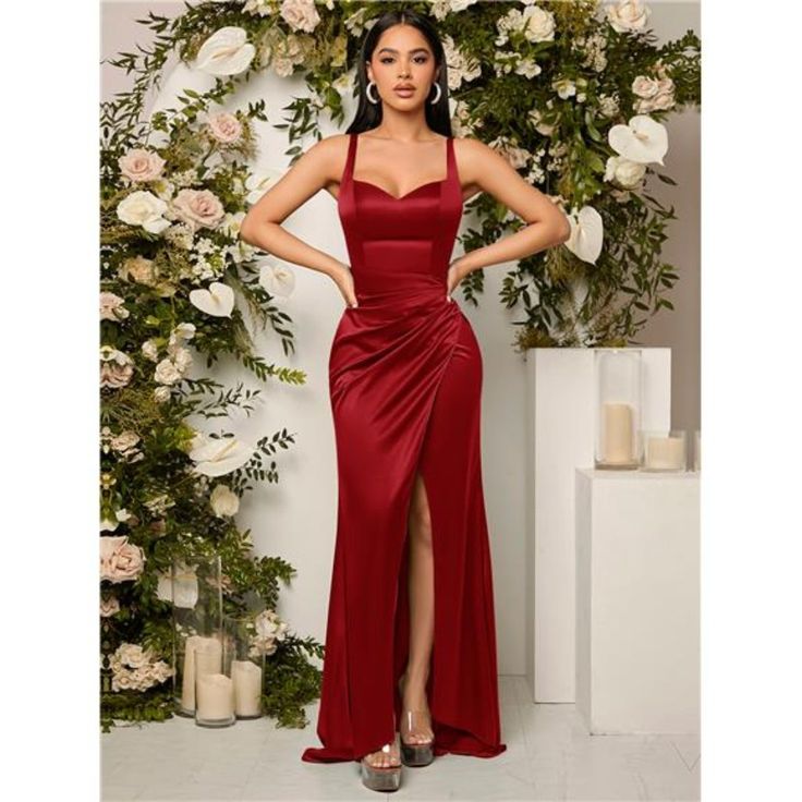 -Item Id 13862478 -Details: Backless, Zipper, Split Thigh -Neckline: Straps -Type: Sheath -Pattern Type: Plain -Sleeve Length: Sleeveless -Length: Maxi -Color: Burgundy -Fit Type: Slim Fit -Fabric: Non-Stretch -Material: Woven Fabric -Composition: 97% Polyester, 3% Elastane -Care Instructions: Machine Wash Or Professional Dry Clean -Sheer: No **Open To Offers!!!** **Bundle To Save More** **30% Off Bundles Of 2 Or More Items!!** ***Orders Go Out Within 5-10 Business Days!! Thank You For Your Pati Rose Red Bridesmaid Dresses, Ruby Red Bridesmaid Dresses, Versatile Bridesmaid Dress, Open Back Evening Gown, Red Mermaid Prom Dress, Wine Colored Dresses, Satin Bridesmaid Dress, Prom Dresses Simple, Maid Of Honour Dresses