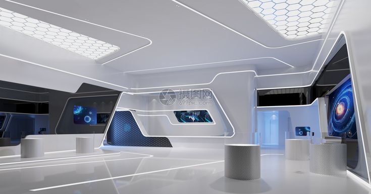 the interior of a futuristic space station with white walls and ceiling lights on either side