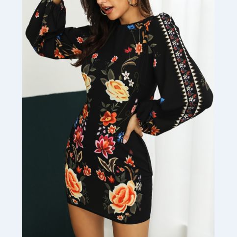 Item+Type:Dress Material:+Polyester Color:+Black Size:+S,M,L,XL,XXL Sumer Style, Mexican Outfit, Floral Bodycon, Bodycon Dress With Sleeves, Bodycon Floral Dress, Mexican Dresses, Mode Casual, Printed Bodycon Dress, Bishop Sleeve