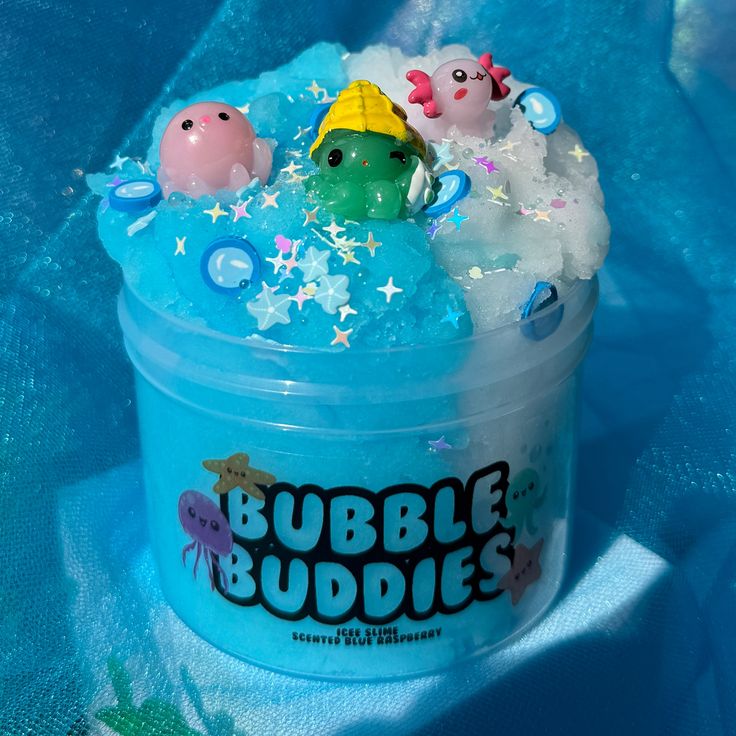 bubble buddies ice cream in a plastic container on a blue background with stars and bubbles